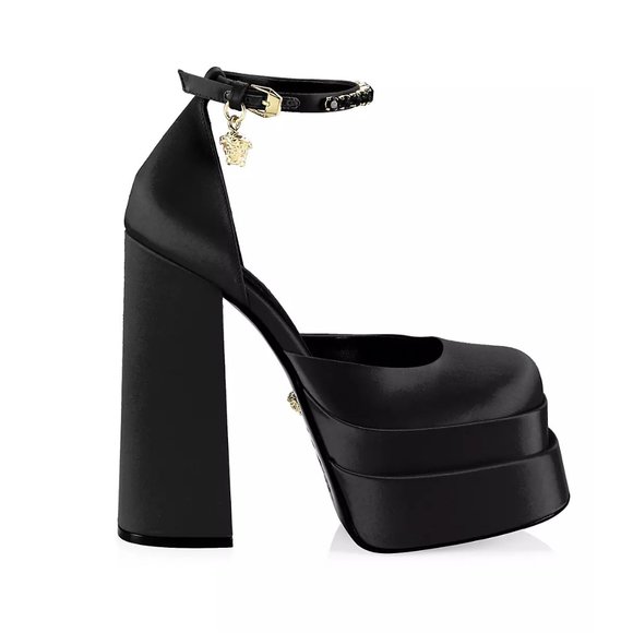 Versace Shoes - Versace Medusa Head Charm Satin Platform Pumps